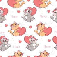 patrones sin fisuras con kawaii lindos gatos de san valentín con corazones y flores para el día de san valentín vector