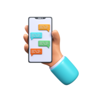Ilustração 3D de um bate-papo em um telefone móvel. mão com smartphone e bate-papo por fala. troca de sms png