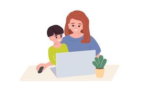 Young mother and son have fun on the Internet while sitting at the table. Happy mom, nanny, teaching little son how to use laptop and internet. Flat vector illustration.