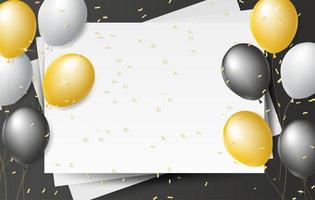 Black, white and gold balloons on a black background. Background with festive realistic 3d balloons with ribbon and gold glitter confetti.Place for your text. Template for postcard, invitation, banner vector