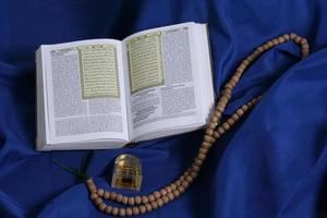 The book of the Qur'an is opened, placed on the cloth used to perform the prayer photo