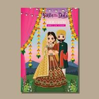 Cute hindu couple in traditional indian dress cartoon character.Romantic wedding invitation card vector