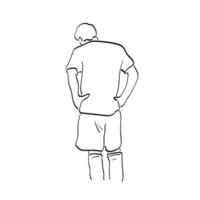 arte de línea molesto jugador de fútbol masculino en vista trasera ilustración vector dibujado a mano aislado sobre fondo blanco