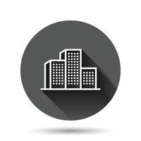 Building icon in flat style. Town skyscraper apartment vector illustration on black round background with long shadow effect. City tower circle button business concept.