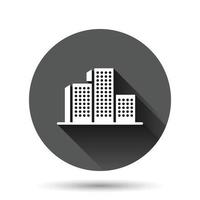 Building icon in flat style. Town skyscraper apartment vector illustration on black round background with long shadow effect. City tower circle button business concept.