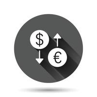 icono de cambio de moneda en estilo plano. Ilustración de vector de transferencia de dólar euro sobre fondo redondo negro con efecto de sombra larga. concepto de negocio de botón de círculo de proceso financiero.