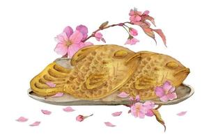 dulces japoneses tradicionales dibujados a mano con acuarela. plato de cerámica, taiyaki, flor de cerezo sakura. aislado sobre fondo blanco. diseño para invitaciones, menú de restaurante, tarjetas de felicitación, impresión, textil vector