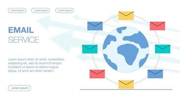 synchronization of email exchanges to emailservice messaging service in the center of planet earth vector flat illustration