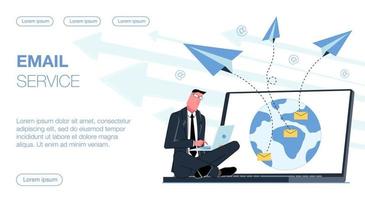 a successful businessman sits on his laptop and sends an e-mail through his computer to an emailservice messaging service around the world on the planet earth screen vector flat illustration