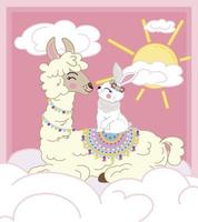 cute illustration of a llama with a rabbit on a cloud against the backdrop of the rising sun vector