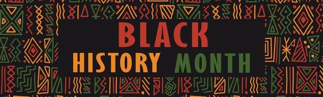 logotipo de letras de texto del mes de la historia negra. diseño de banner horizontal con ilustración de vector de fondo de patrón de ornamento de choque tribal étnico africano. herencia afroamericana.
