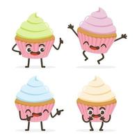 Set of Cute Cupcake Cartoon Food Characters isolated on white. vector
