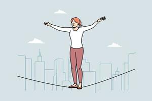 Young woman equilibrist walking on rope in air. Female walker engaged in extreme sportive physical activity. Hobby concept. Vector illustration.