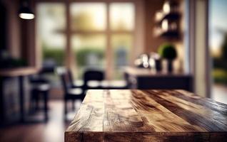 Abstract empty wooden desk table with copy space over interior modern room with blurred background, display for product montage photo