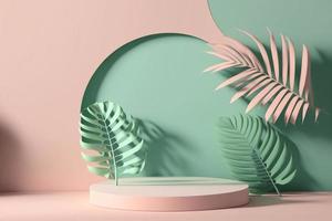 podium circle stage with palm shadows. Minimal mockup background for product presentation. 3d rendering photo