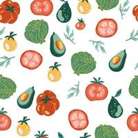 Vegetables seamless pattern. Fresh tomatoes, avocado, cabbage. Healthy nutrition cartoon texture. Organic food scandinavian illustrations. Flat hand drawn Kitchen textile on the white background. vector