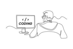 Single one line drawing Programmers or developers make programming language code in front of the computer. Programming code concept. Continuous line draw design graphic vector illustration.