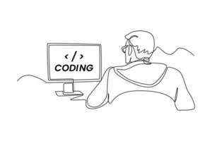 Single one line drawing Programmers or developers make programming language code in front of the computer. Programming code concept. Continuous line draw design graphic vector illustration.