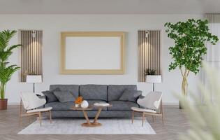 3D mockup blank photo frame in living room rendering