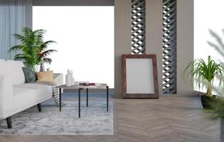 3D mockup blank photo frame in living room rendering