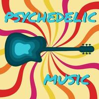 Icon, sticker in hippie style with blue guitar, waves and text Psychedelic music on beige background. Retro style vector