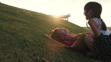 Glückliche Schwestern, die im Park spielen, rutschen vom grasbewachsenen Hügel herunter und sitzen auf einem Karton. glückliche kinder, die im sommer draußen spielen. familie verbringt zeit zusammen im urlaub. video