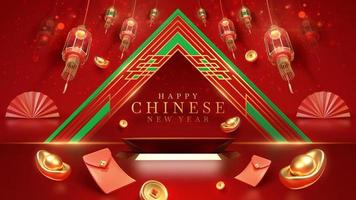 Red luxury background with product display podium element with 3d realistic chinese new year ornament and glitter light effect decoration and bokeh. Vector illustration.