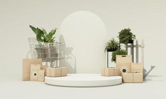 Gardening Tools and Plants pot isolate and shopping bag with  with seed package, cardboard box, garden shop and product stand on green background. realistic 3d render Illustration photo