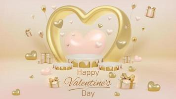 Valentine day sale banner template with 3d heart shape elements and podium for product display and light effect decorations and bokeh. Luxury background concept. Vector illustration.