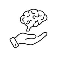 Human Brain in Side View with Hand Line Icon. Education, Logic, Knowledge, Memory, Mind Concept Outline Icon. Neurology, Psychology Pictogram. Editable Stroke. Isolated Vector Illustration.