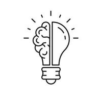 Human Brain and Lightbulb Creative Idea Concept Line Icon. Light Bulb Inspiration, Knowledge, Smart Solution Linear Symbol. Innovation Outline Sign. Editable Stroke. Isolated Vector Illustration.