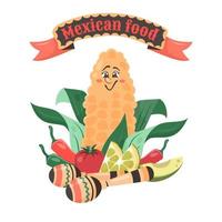 Cute comic character corn with vegetables and maracas. Rich harvest. Mexican food. Doodle drawn vector illustration for dishes, menu, poster, flyer, banner, delivery, cooking concept