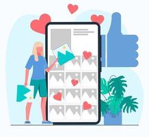 The content manager fills the account with information. A woman holds an image in her hand and uploads it via her smartphone. In the background are likes and thumbs up. Flat vector illustration.