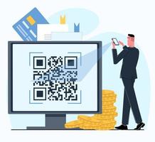 The businessman scans the qr code on the computer monitor via his smartphone, which provides cyber security. The background shows documents, a credit bank card, and gold coins. vector