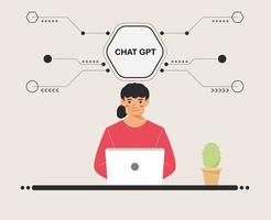 chat GPT women person use laptop digital. girl people search chat GPT AI, openAI, smart bot, workplace, technology background. vector illustration for artificial intelligence, infographic, web banner.