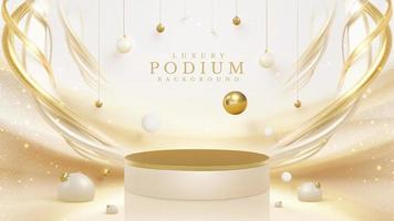 Product display podium with golden curve line element and ball decoration and glitter light effect. vector