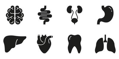 Human Brain, Intestine, Urinary System, Tooth, Stomach, Lung, Liver, Heart Silhouette Icon Set. Healthcare Glyph Icon. Internal Organ Anatomy Black Pictogram. Isolated Vector Illustration.