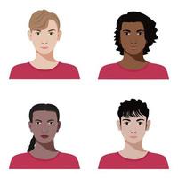 Set of vector teenagers or students diverse icons with different color of skin in realistic flat style.