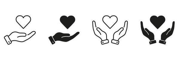 Emotional Support, Charity, and Friendship Symbol. Love, Health, Charity, Care, Peace, Help Concept Pictogram. Human Hands and Heart Shape Silhouette and Line Icon Set. Isolated Vector Illustration.