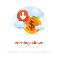 Illustration earning down. Income decreased vector