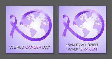 World Cancer Day. Purple ribbon. Polish and english. vector