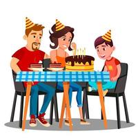 cumpleaños de niño, familia sentada en la mesa de fiesta con un vector de pastel. ilustración aislada