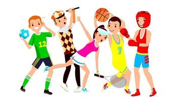 Athlete Set Vector. Man, Woman. Handball, Golf, Tennis, Basketball, Boxing. Group Of Sports People In Uniform, Apparel. Sportsman Character In Game Action. Flat Cartoon Illustration vector