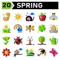 Spring icon set include turbine, wind, windmill, plant, ecology, tree, gardening, watering, cans, sunflower, scent, farm, farmer, ranch, landscape, house, hills, umbrella, protection, butterfly, fly vector