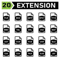 El ícono de extensión de archivo incluye plw, mox, qmtf, mpkt, tt18, mmc, tbl, drl, vsx, mdf, adt, ggb, pcb, usr, blg, exx, cdx, pka, sub, jef, vector