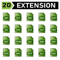 El icono de extensión de archivo incluye vmt, h12, zmc, fmat, capt, i5z, vcs, bld, clp, prs, hst, ppsm, ali, sqr, hdf, aifb, kpr, nitf, xlc, dvo, archivo, formato, extensión, documento, firmar, vector