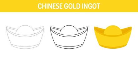 Chinese Gold Ingot tracing and coloring worksheet for kids vector