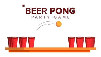 vector de juego de cerveza pong. juego de fiesta de alcohol. tazas rojas y pelota de ping pong. ilustración plana aislada