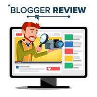 Testing Video Blogger Vector. Blog Channel. Man Popular Video Streamer Blogger. Review Concept. Online Live Broadcast. In Web Interface. Testing Functional With New Camera. Illustration vector