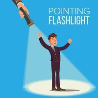 Choosing An Employee Vector Concept. Smiling Business Man In Suit. Standing. Person For Hiring. Flashlight Pointing To Happy Employee. Select People. Flat Illustration